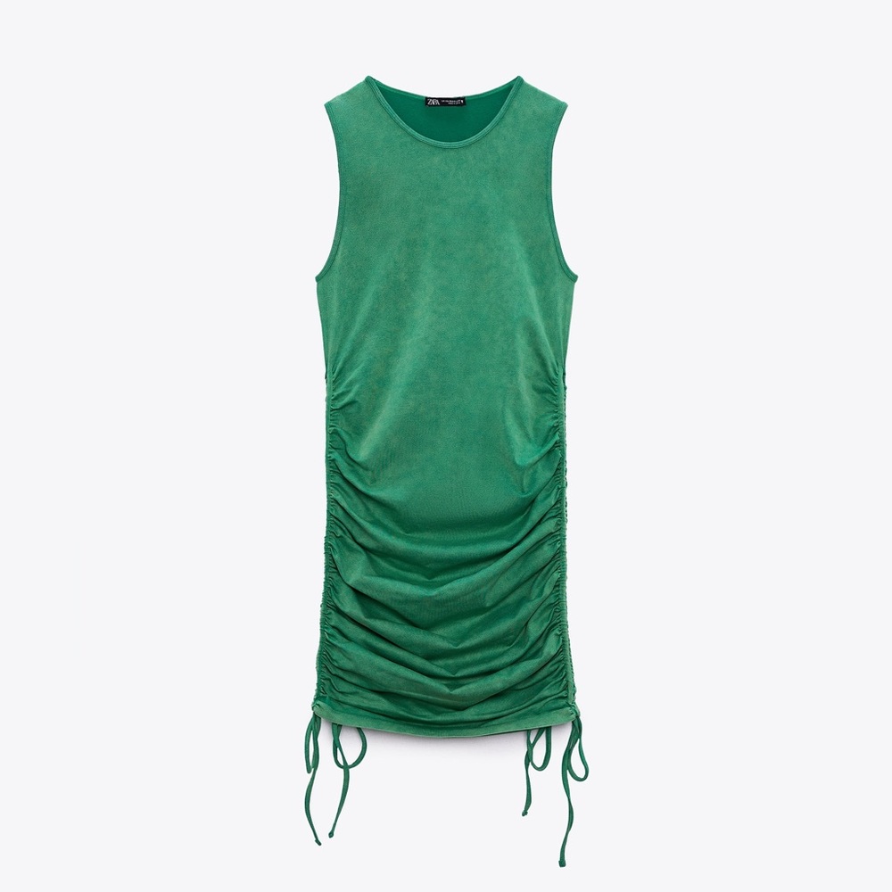 NWT ZARA Women’s Green Ruched Dress with Ties on the side seamless
